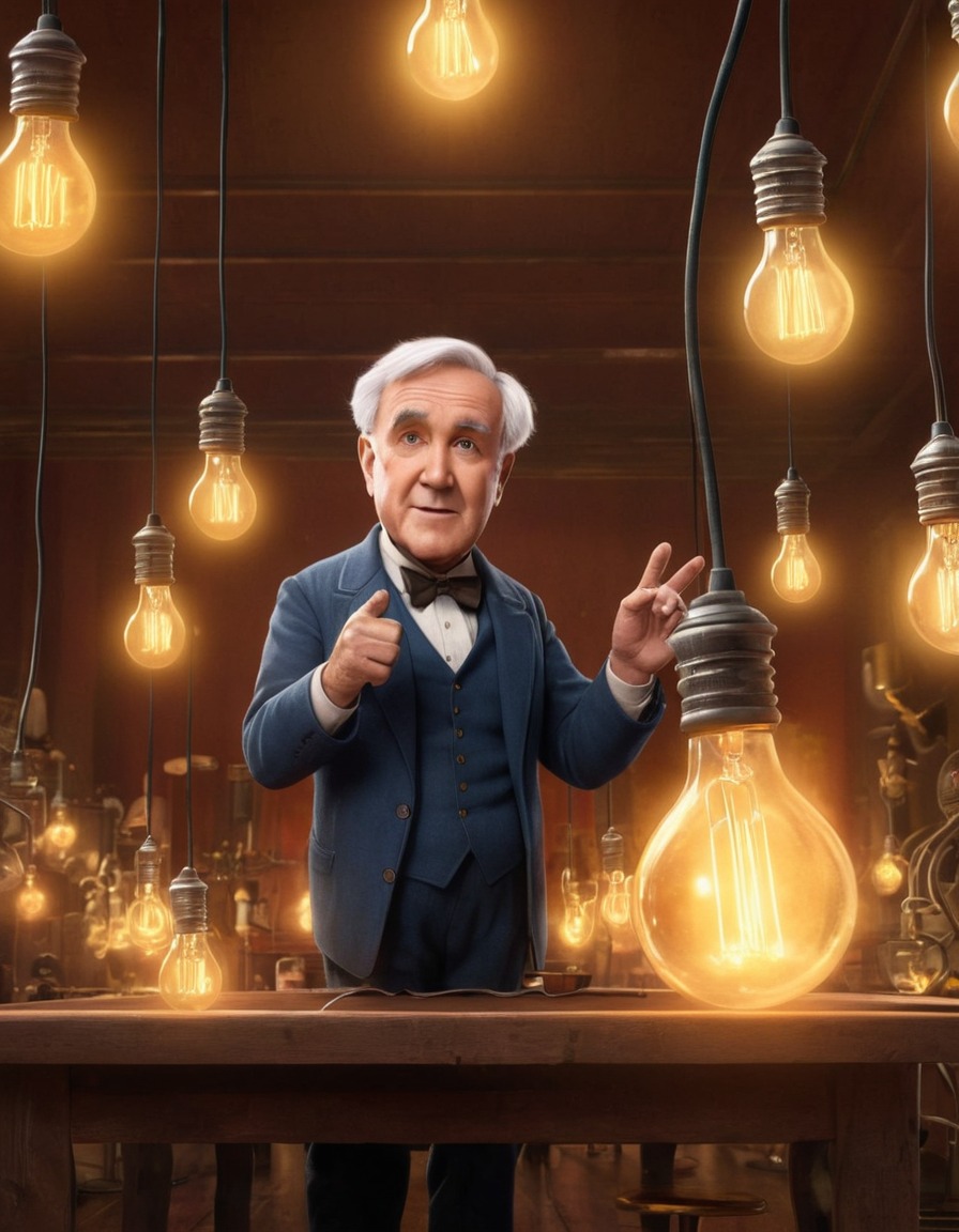 thomas edison, lightbulbs, invention, cartoon, humor, caricature, funny