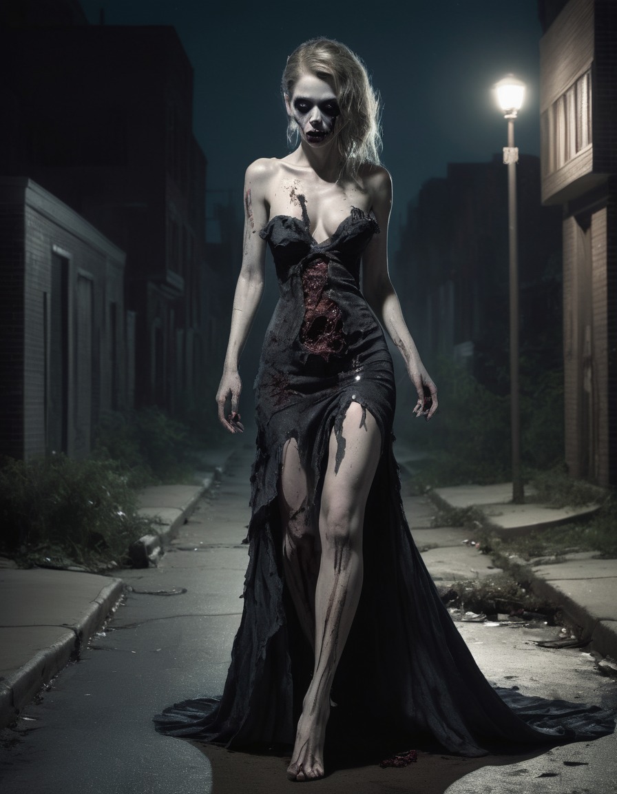 glamorous, zombie, evening gown, moonlit street, undead, spooky, fashion, nsfw