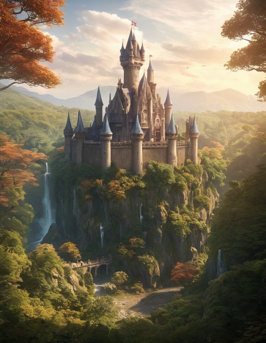 ancient castle, dense forest, enchanted, fortress, woodlands, medieval architecture, magical setting