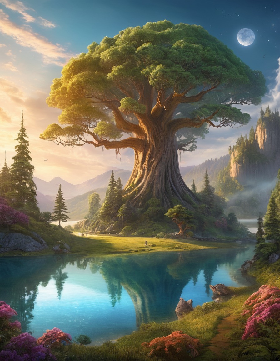 fantasy, giant trees, landscape, shimmering lakes, rolling hills, fantastic