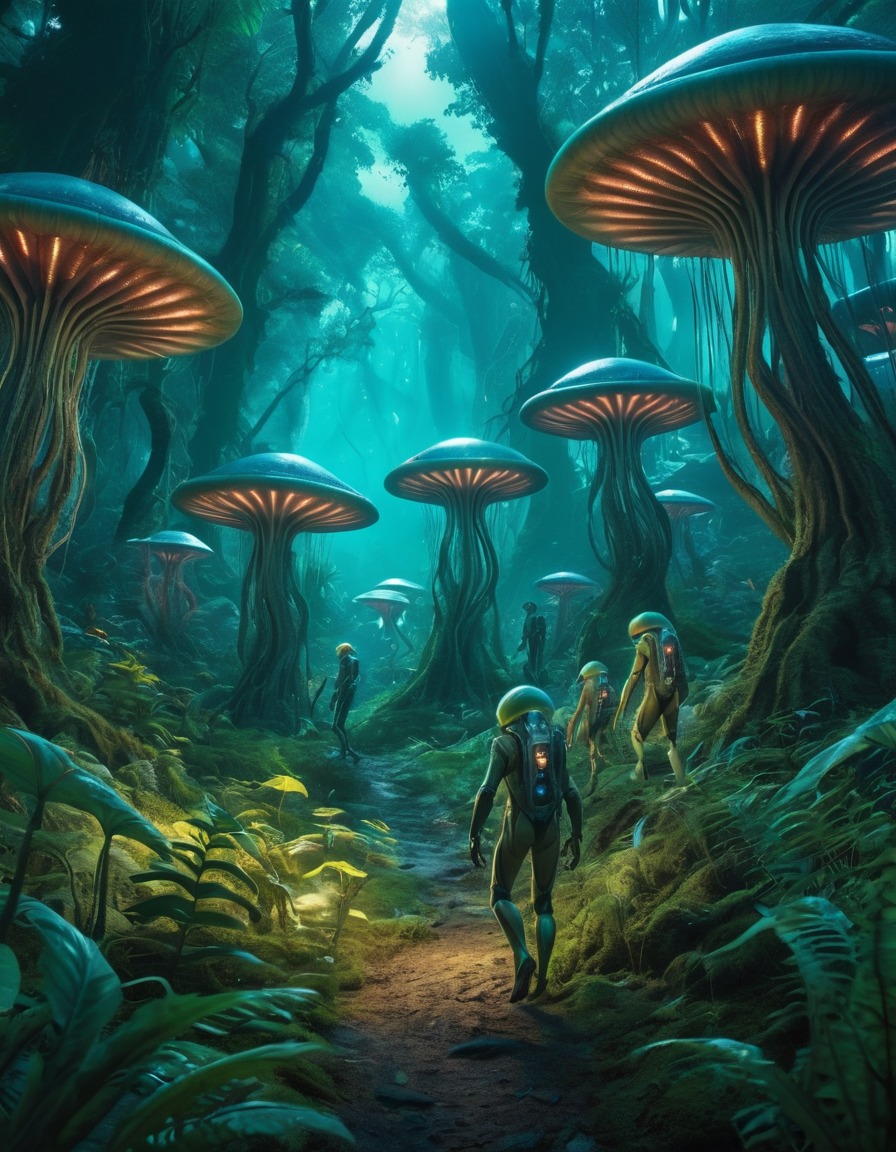 alien, creatures, forest, bioluminescent plants, extraterrestrial, aliens