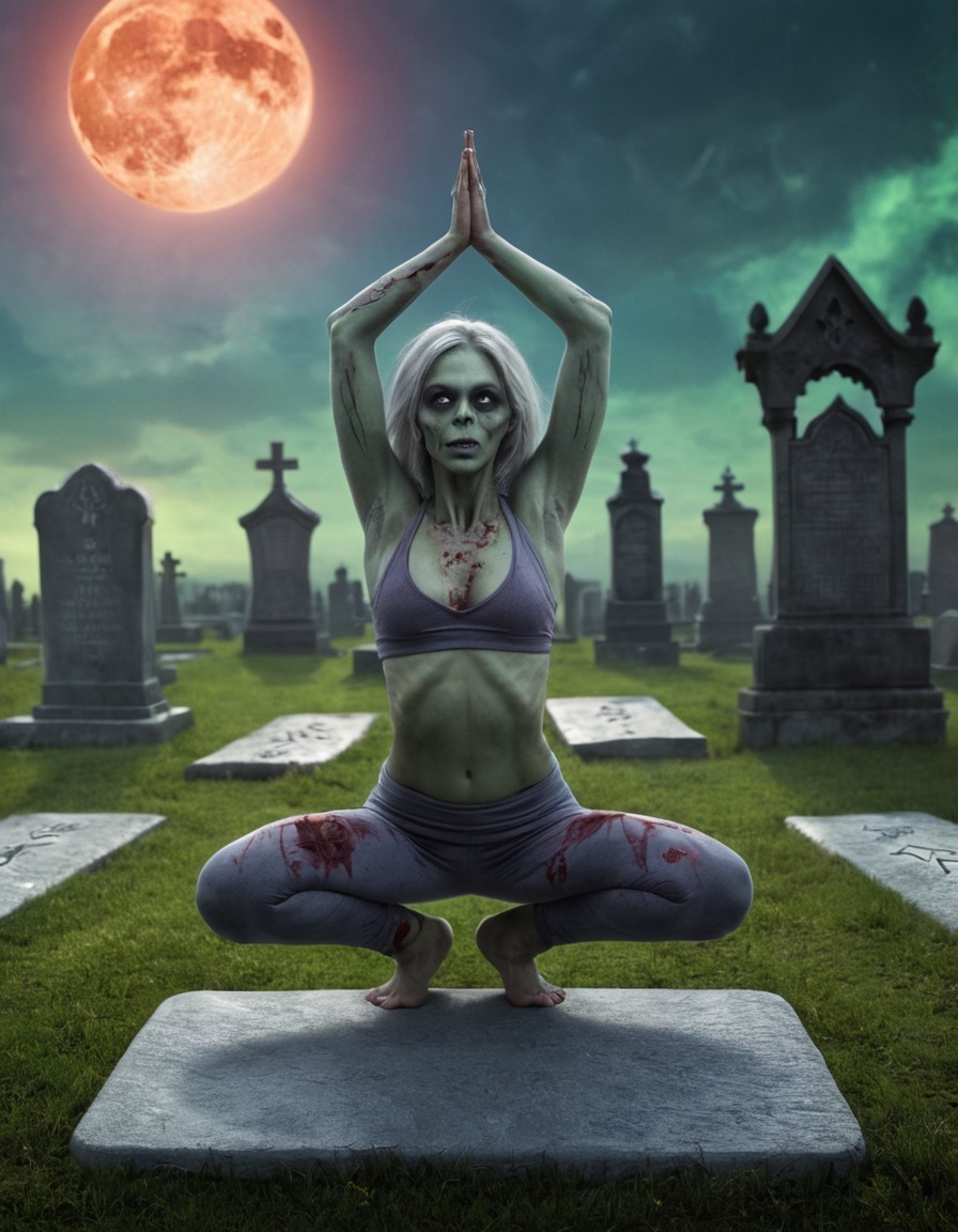 zombie, yoga, graveyard, undead, meditation, mindfulness, incongruity