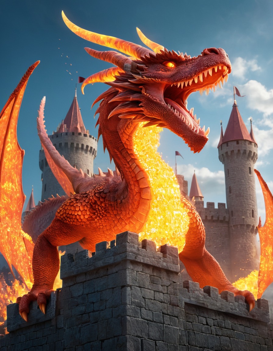 fantasy, dragon, castle, hologram, fire, pixel art, medieval, art