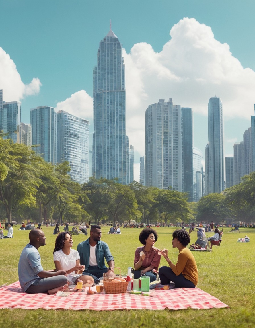 A group of diverse people enjoying a picnic in a city park with high ...