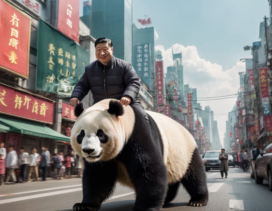 humorous, surreal, political satire, giant panda, urban wildlife parade, xi jinping, china