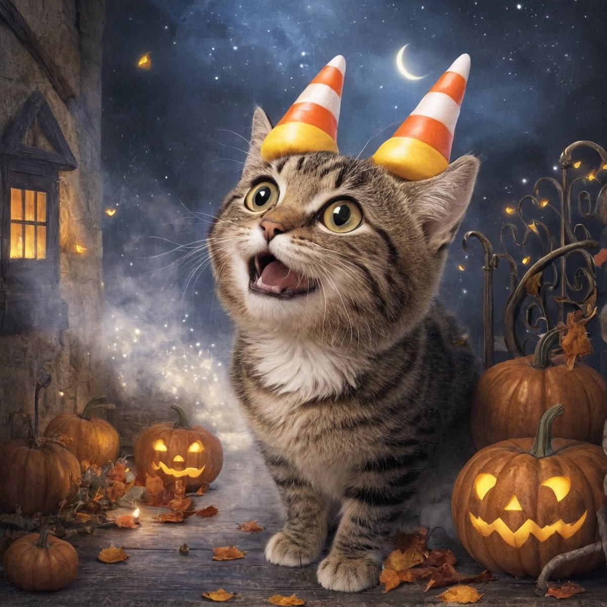 cat, kitty, halloween, digitalart, feline, animal, candycorn, pumpkin, pumpkinhalloween, dailychallenge, aiartcommunity, midjourney, midjourneyai, midjourneyart, midjourneyartwork, midjourneyaiart, midjourneycommunity