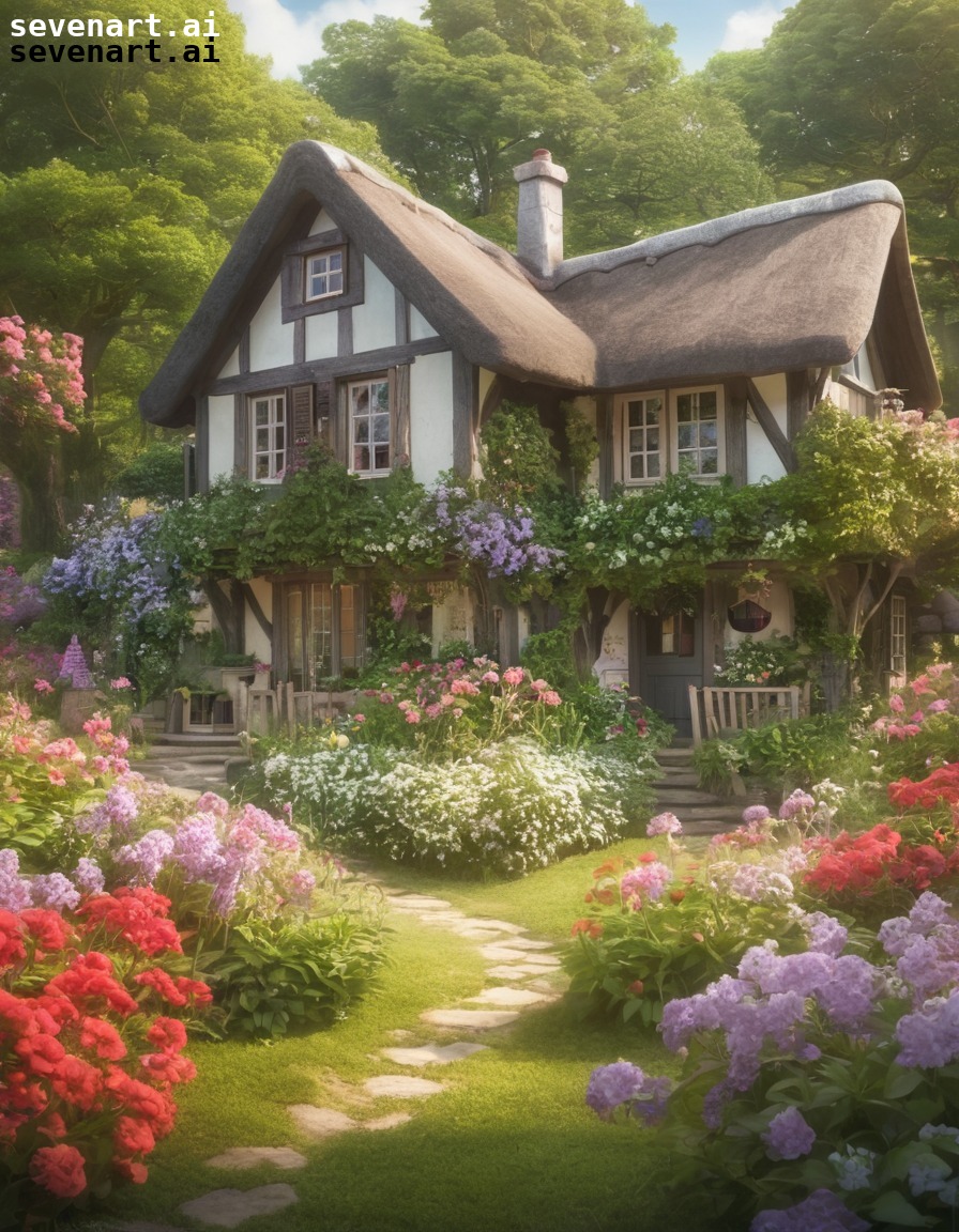 cottage, flowers, lush, charming, nature., house, home