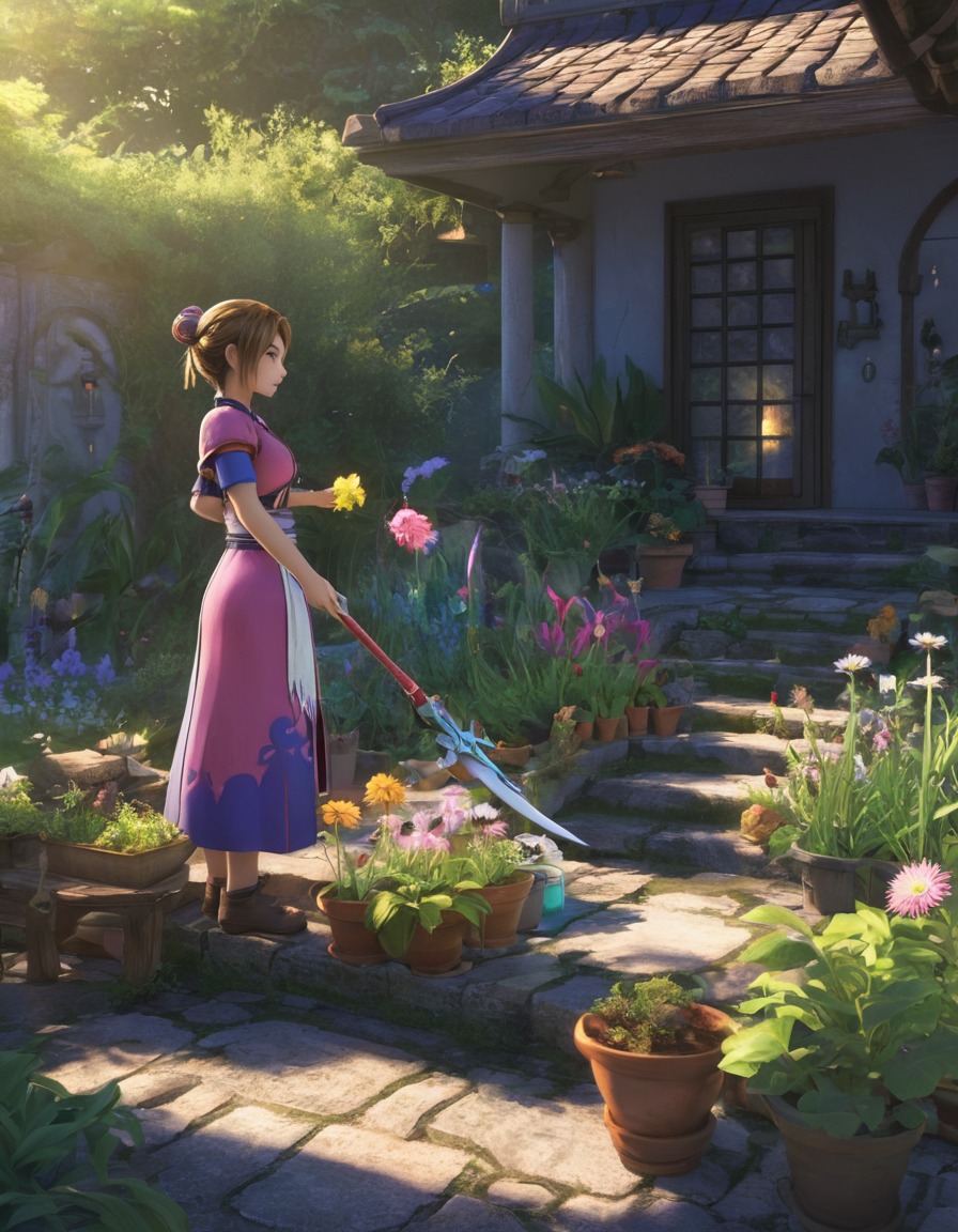 final fantasy x, yuna, gardening, peace, solitude, games, girls from games