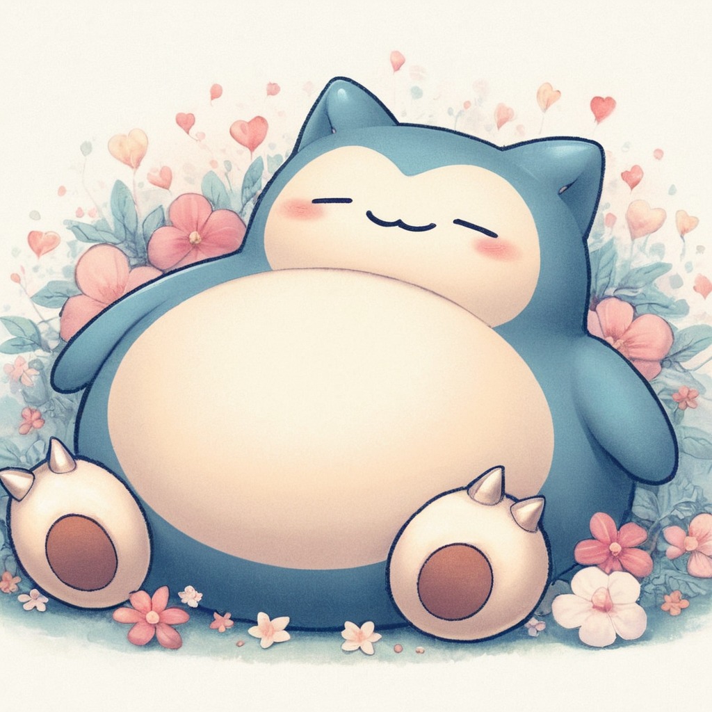 fanart, videogamefanart, pokemon, nintendo, anime, asleep, copilot, dalle3, flowers, relax, snorlax, aiart