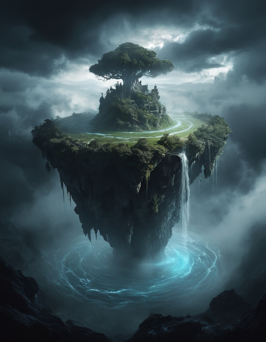 mystical, floating island, swirling mists, nature, fantasy, enchantment