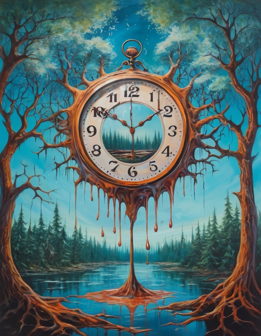 surrealism, melting clock, floating trees, fantasy, surreal