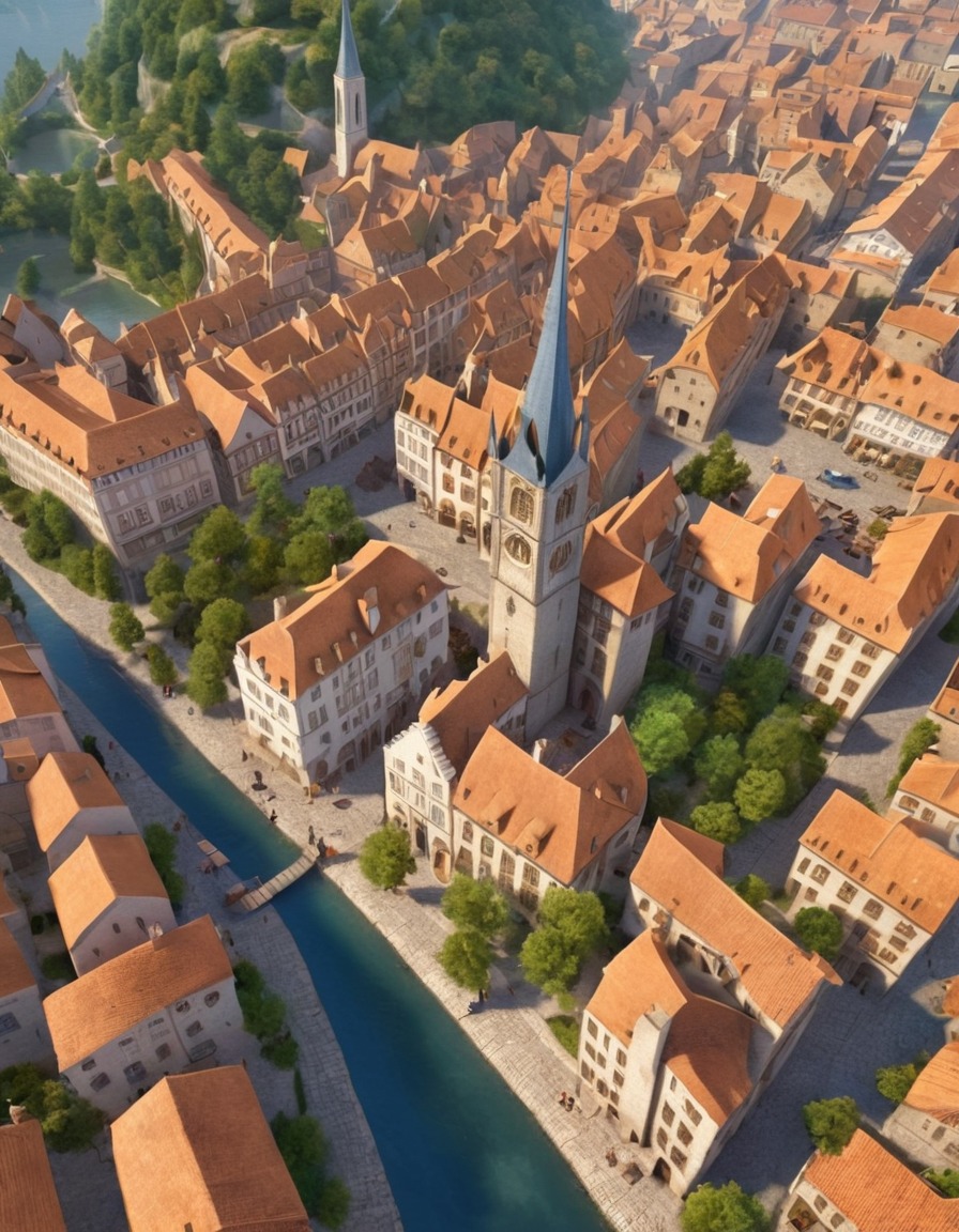 renaissance, town, cobblestone streets, architecture, aerial view