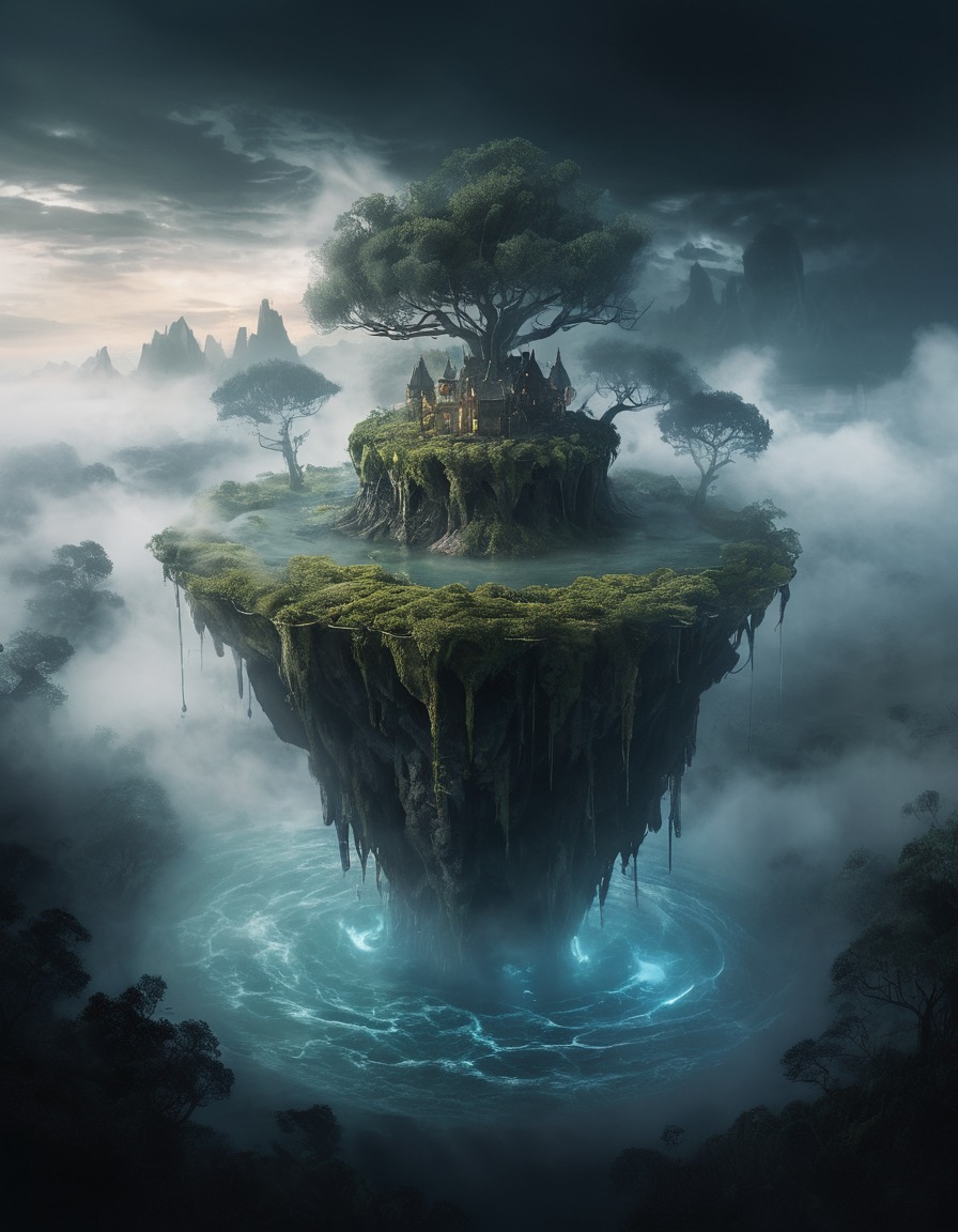 mystical, island, floating island, swirling mists