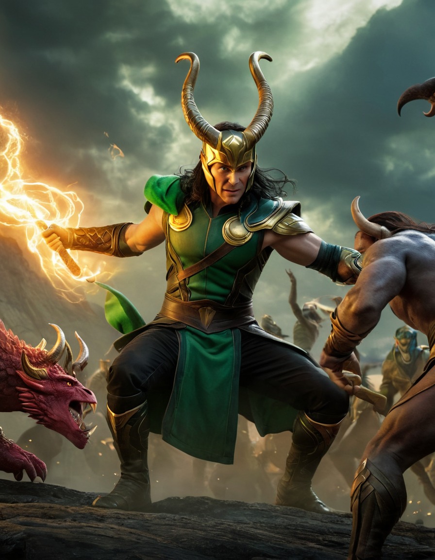 loki, marvel, fight scene, battle, monsters, supernatural, god of mischief