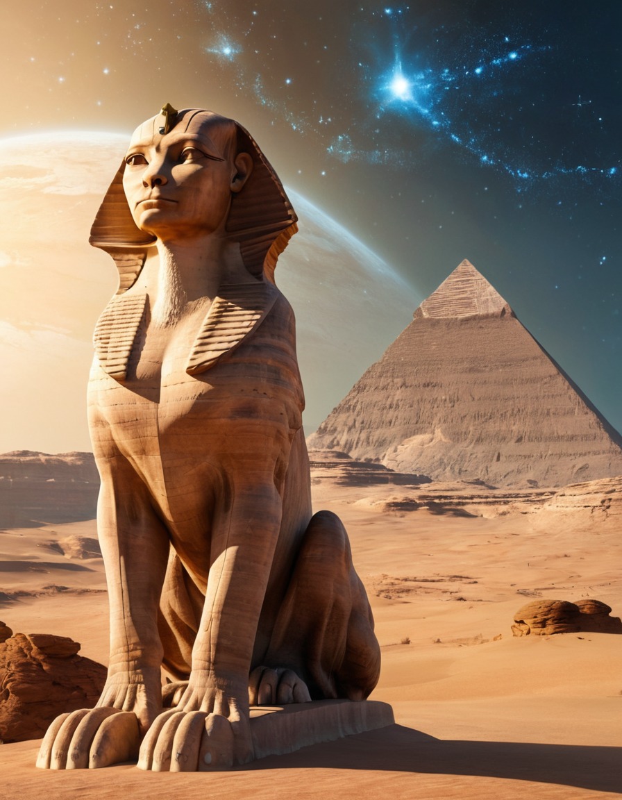 sphinx, ancient civilization, otherworldly landscape, mysterious constellation