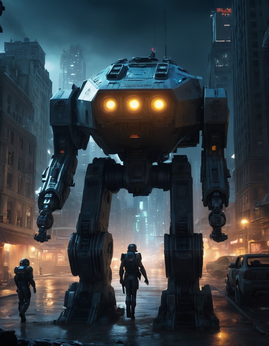 ed-209, dystopian, cityscape, night, robotic law enforcement, robots, games, movies