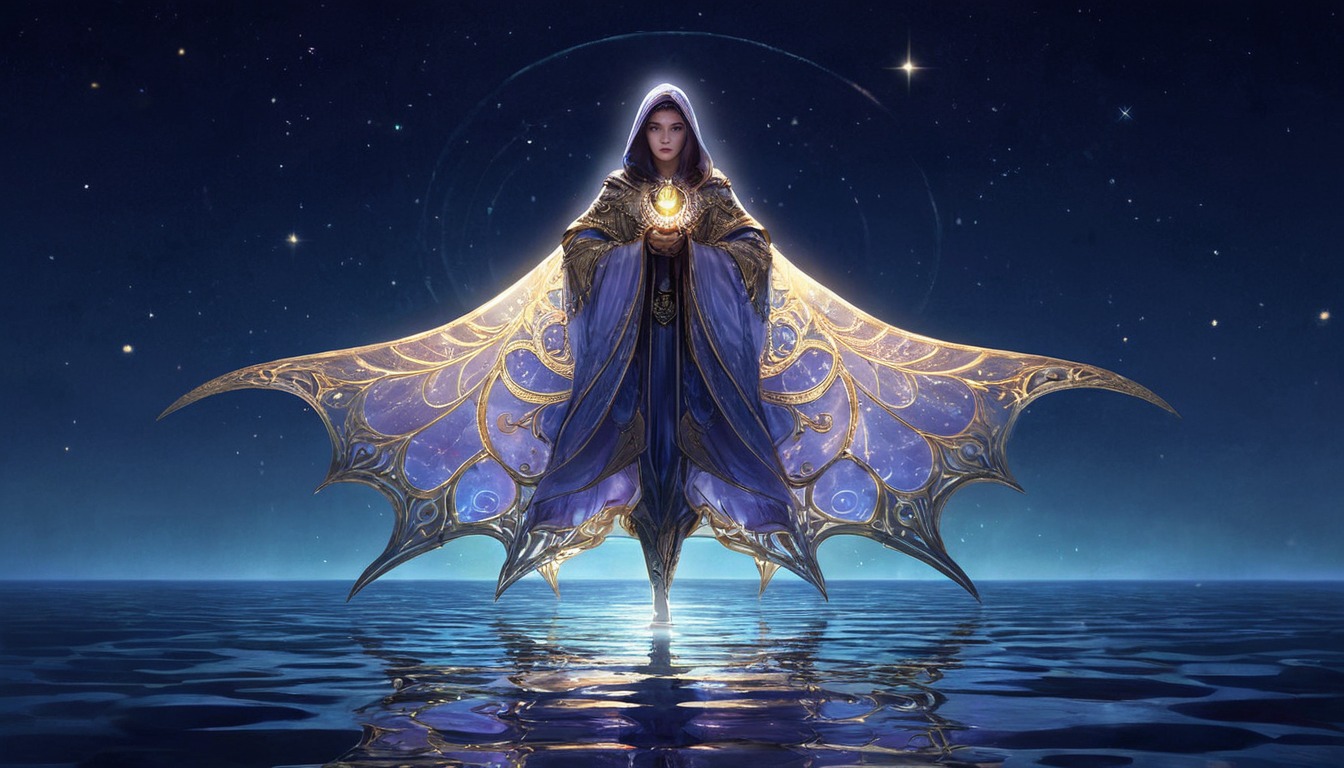 digitalart, character, cloak, dalle3, dnd, fantasy, figure, intricate, landscape, luminescent, manta, ocean, rpg, serene, slender, wings, aiart, cloakwork