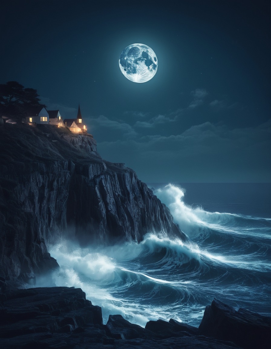 moonlight, seaside, cliff, waves, rocks, lovecraft, howard lovecraft