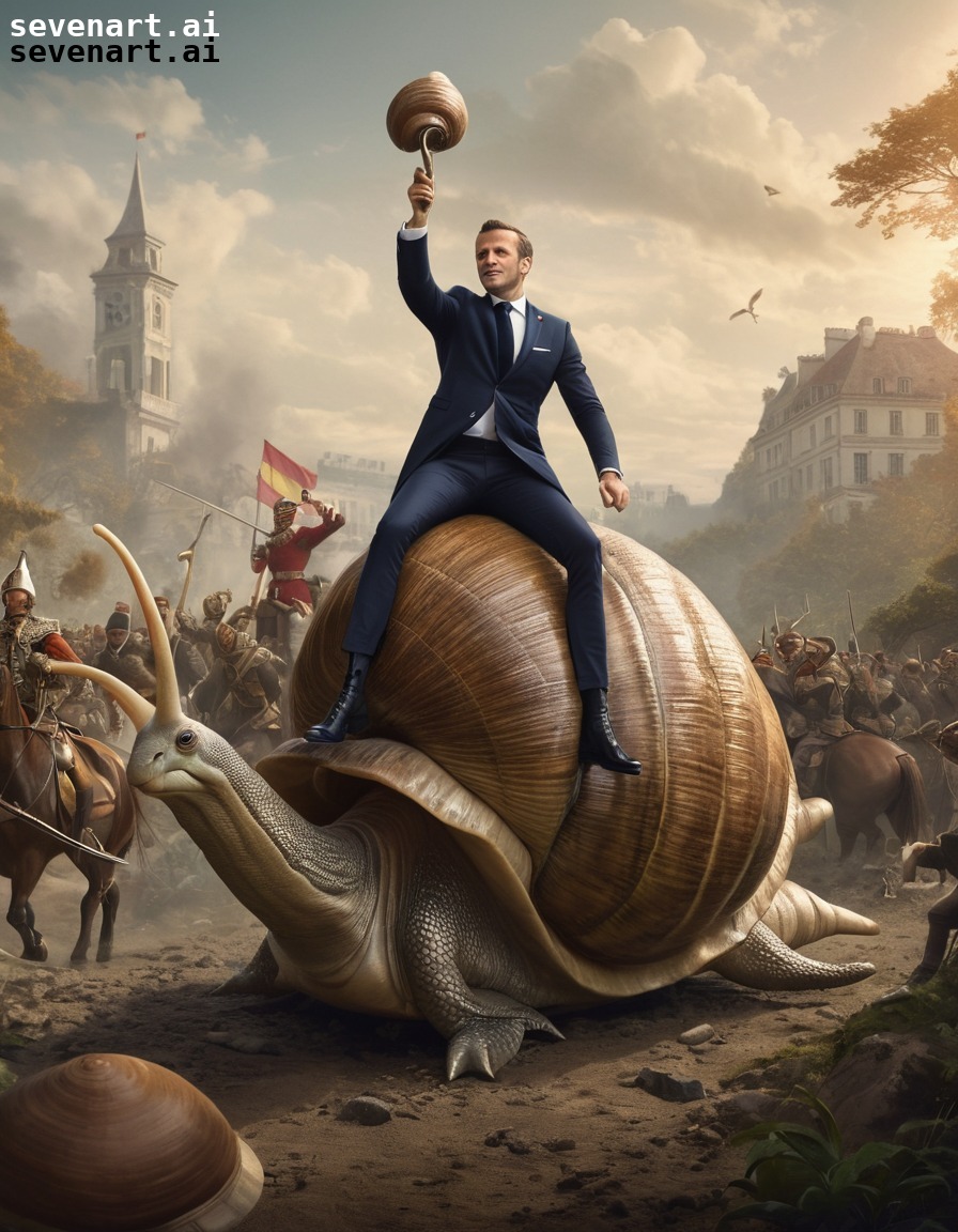 emmanuel macron, snail, humor, historical painting, reimagined, france