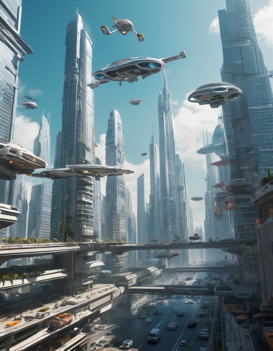 futuristic, cityscape, skyscrapers, flying vehicles, technology