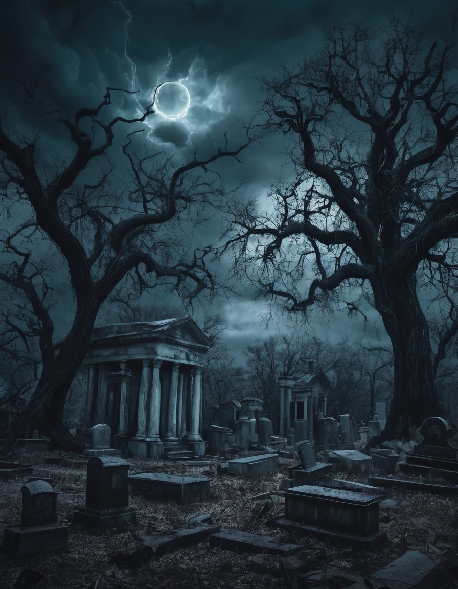 stormy night, decrepit cemetery, twisted trees, horror, spooky, atmospheric, gothic, underground, dark