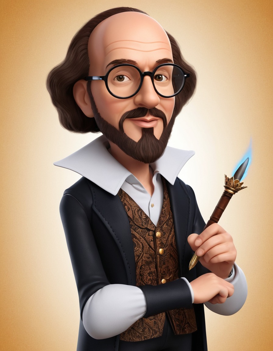 cartoon, caricature, william shakespeare, modern outfit, quill pen, oversized glasses, funny