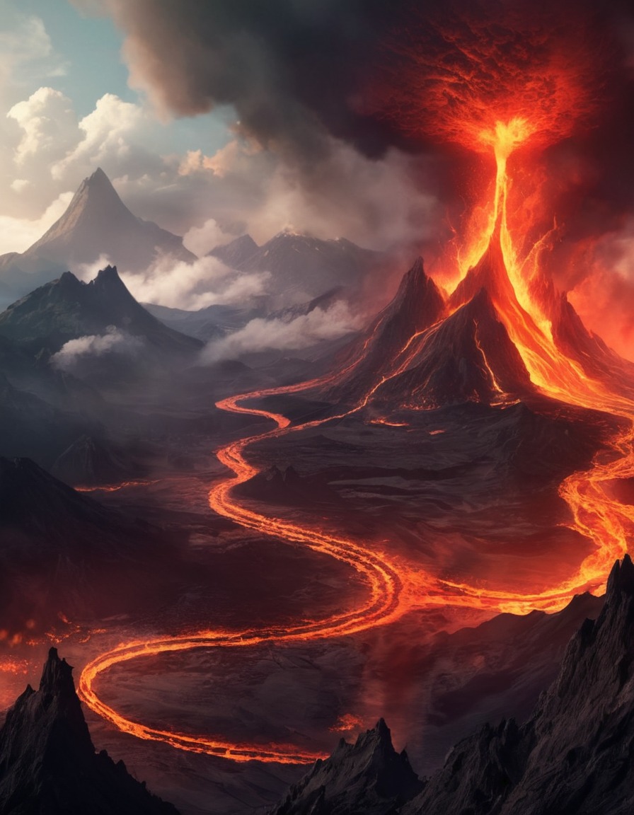 volcanic, landscape, lava, dragons, fire-breathing, fantastic