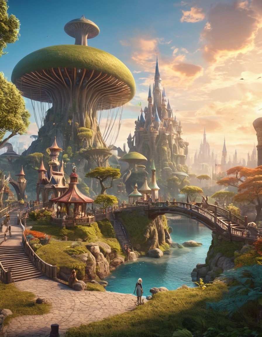 fantasy park, fictional creatures, urban fantasy, fantasy city, amusement park, magical beings, enchanted attractions