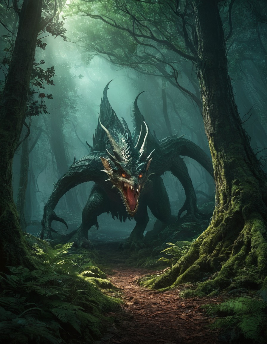 mystical forest, jabberwocky, fantasy, mysterious