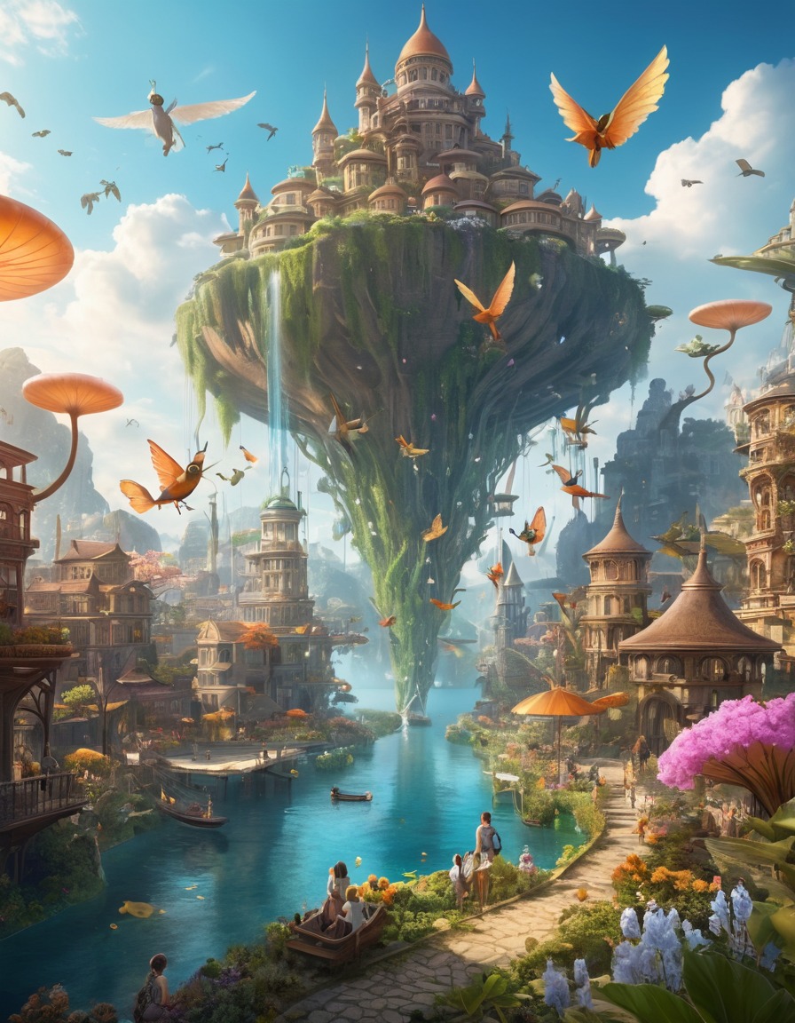 fantasy, floating city, ethereal, wings, mystical, mythical creatures, fantastic