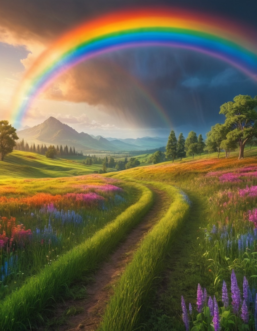 rainbow, lush, meadow, nature, colorful, weather, landscape