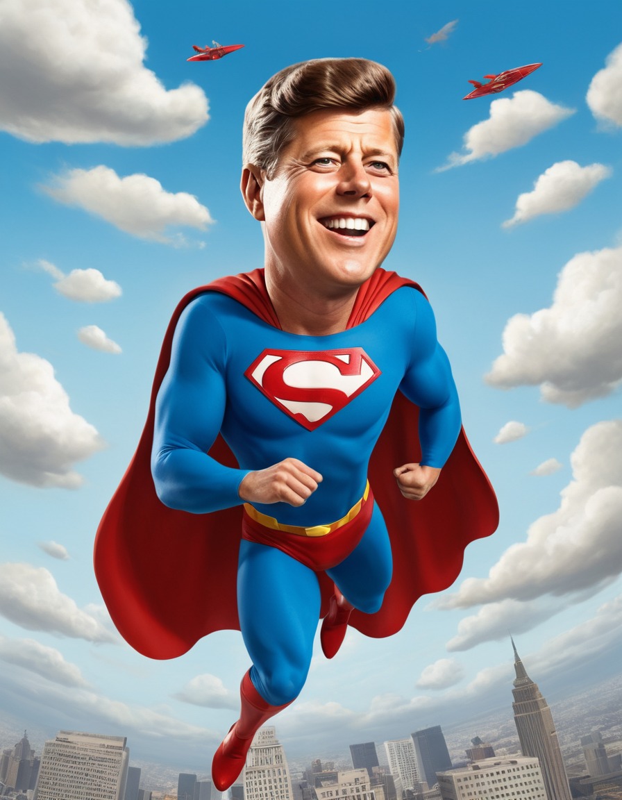 john f. kennedy, superhero, caricature, flying, humor, funny