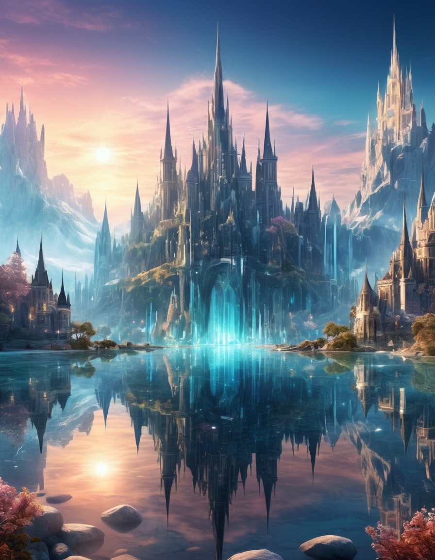 mirrored lake, city of crystal spires, fantasy, reflection, lakeside, magical, scenic beauty