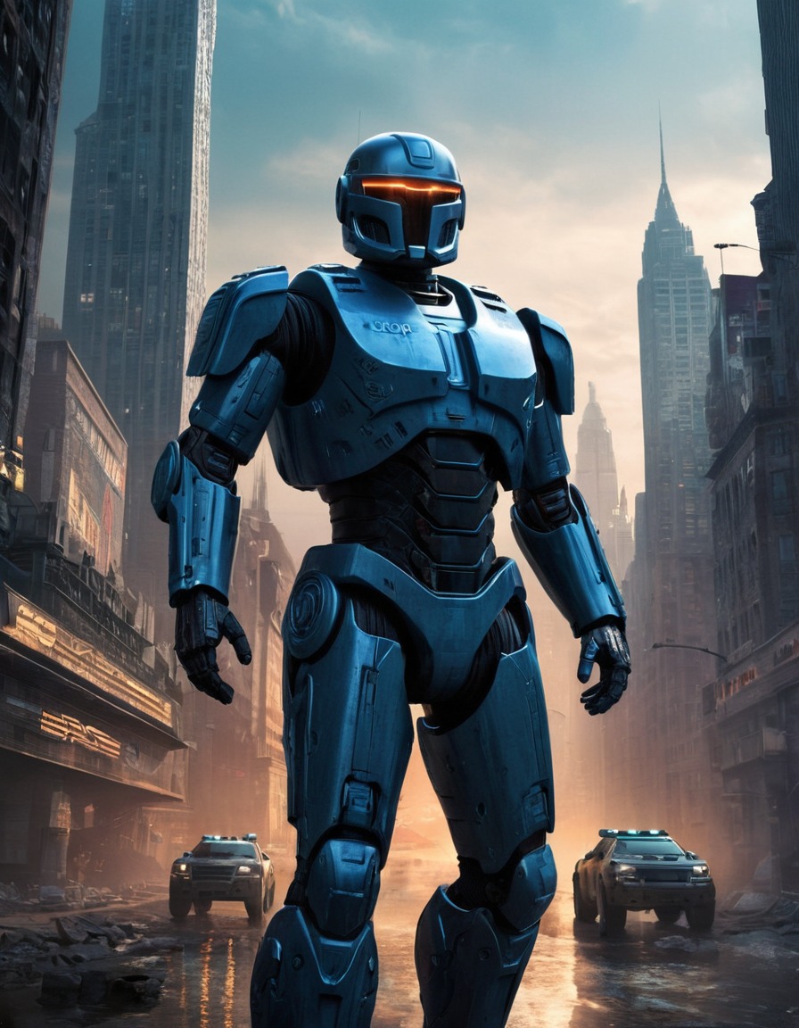 robocop, dystopian, cityscape, future, ai, technology, law enforcement, robots, games, movies