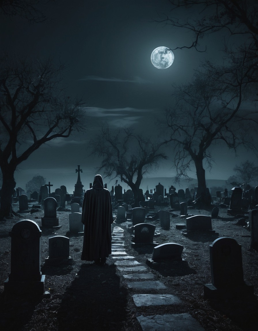 darkness, cemetery, tombstones, solitude, ghostly figure, gothic, underground, dark