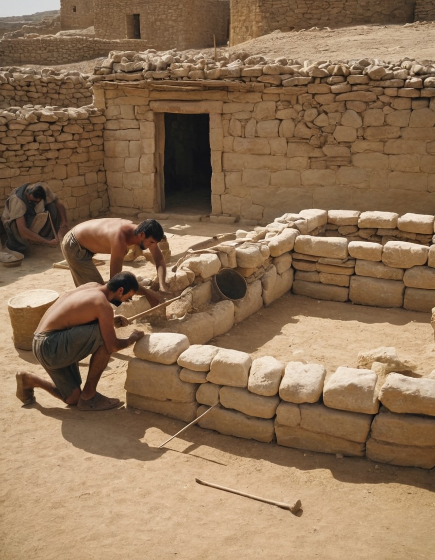 ancient civilization, neolithic era, middle east, construction techniques, rural village, stone house, 6000 bc