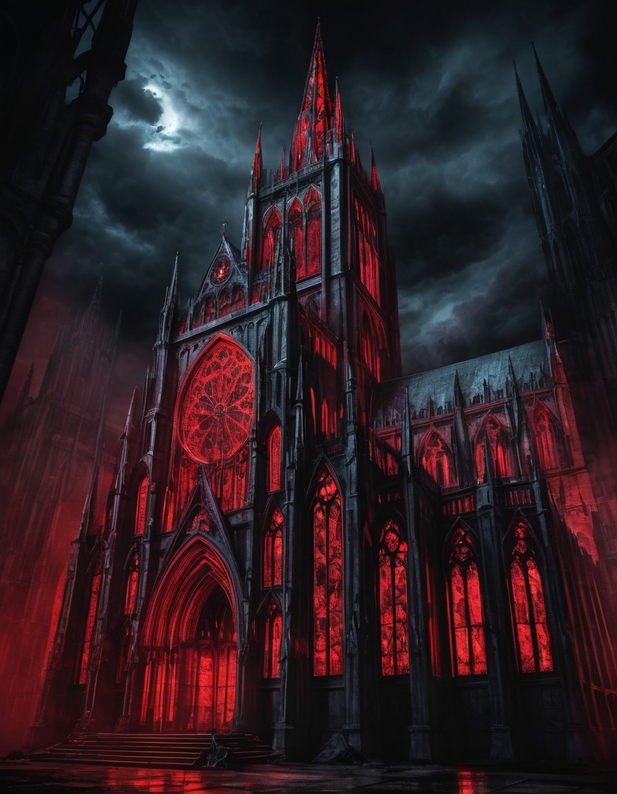 gothic, cathedral, stained glass windows, sinister scenes, red light, underground, dark