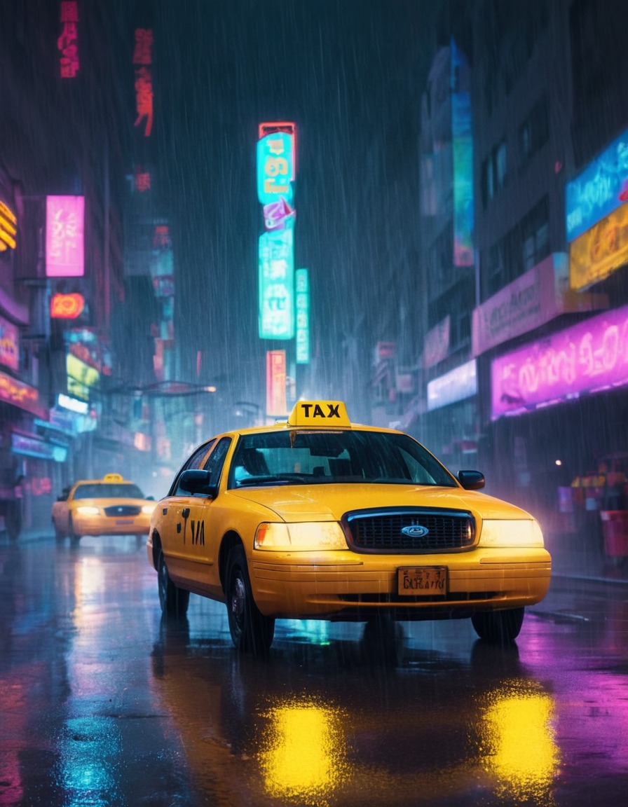 cityscape, urban, night, taxi, rain, modern city, city