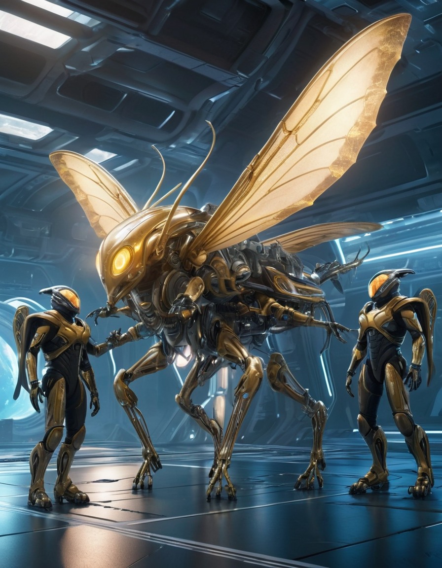 aliens, insect-like, wings, metallic exoskeletons, futuristic spacecraft, extraterrestrial