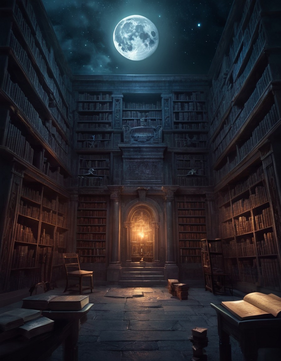 library, ancient, tomes, cryptic symbols, moonlight, lovecraft, howard lovecraft