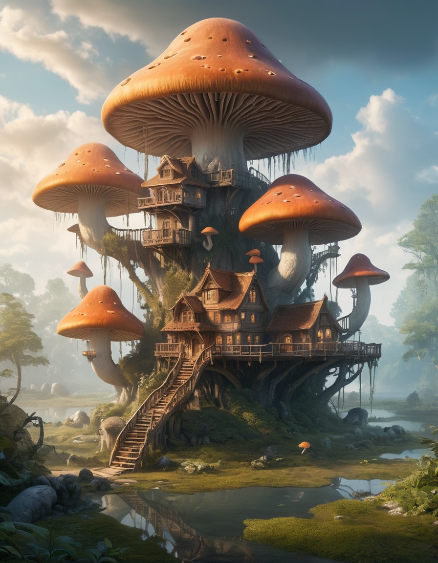 treehouse, city, mushroom, fantasy, marsh, misty, fantastic