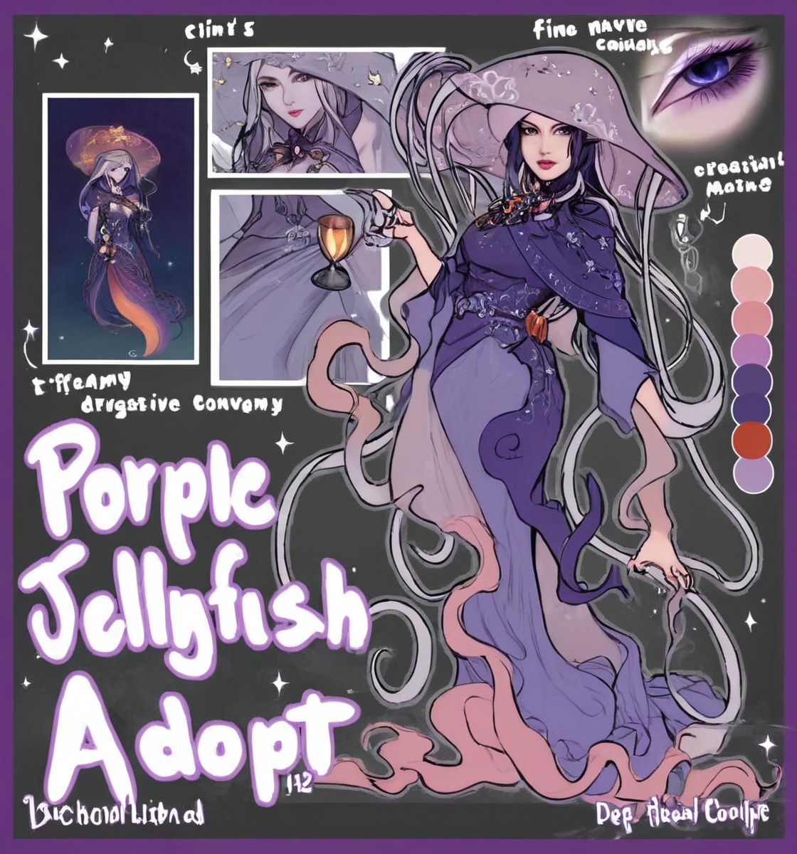 characterdesign, adoptable, adoptablesopen, fantasycharacter, referencesheet, characterconcept, humanoid, adoptables, character, colorpalette, design, dnd, dungeonsanddragons, eyes, fantasy, jellyfish, mage, monstergirl, original, pink, purple, refsheet, silver, tentacles, ttrpg, witch, jellyfishgirl, afoptables, hunnibunni