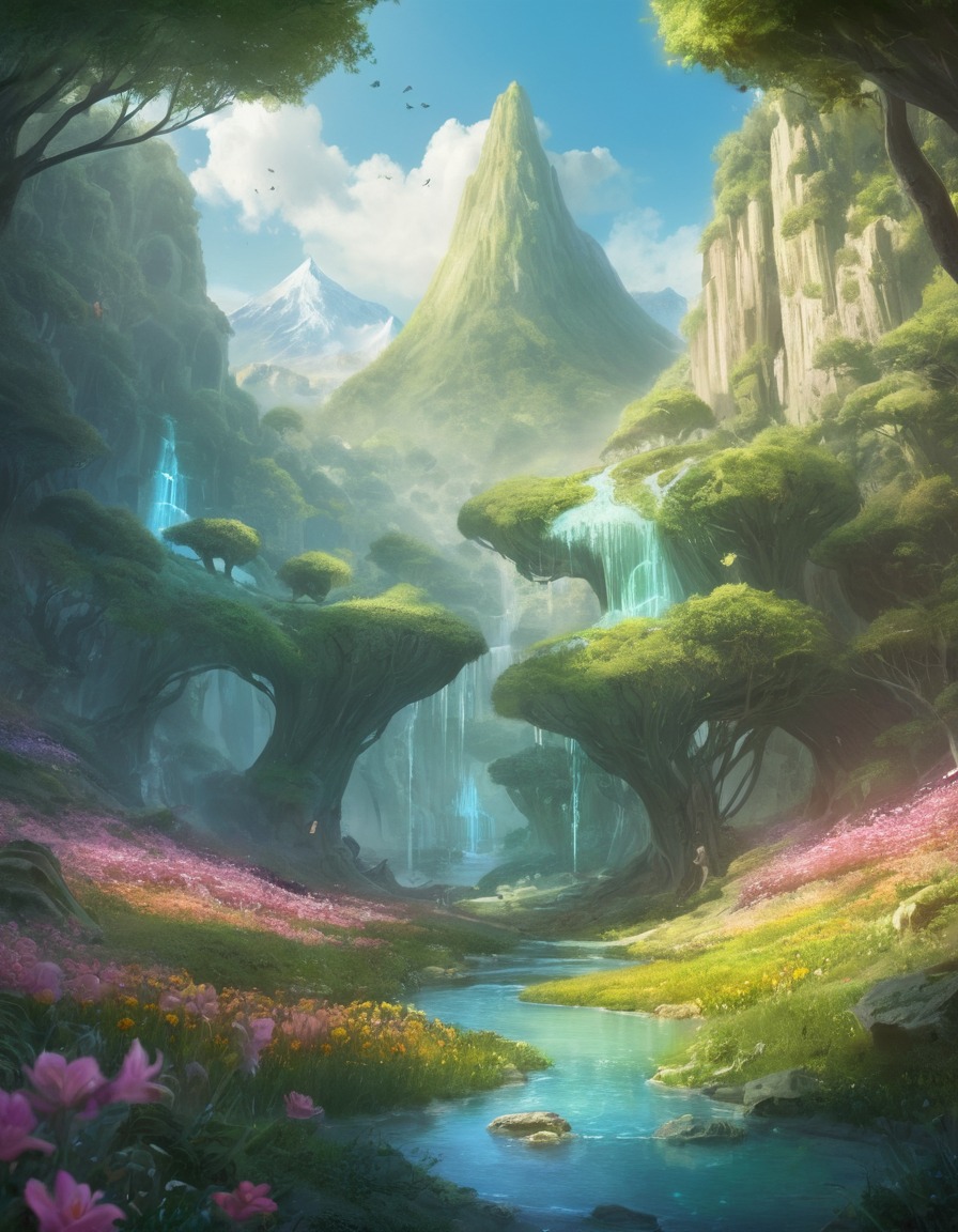 mythical creatures, hidden valley, eternal spring, harmonious coexistence, nature, fantastic