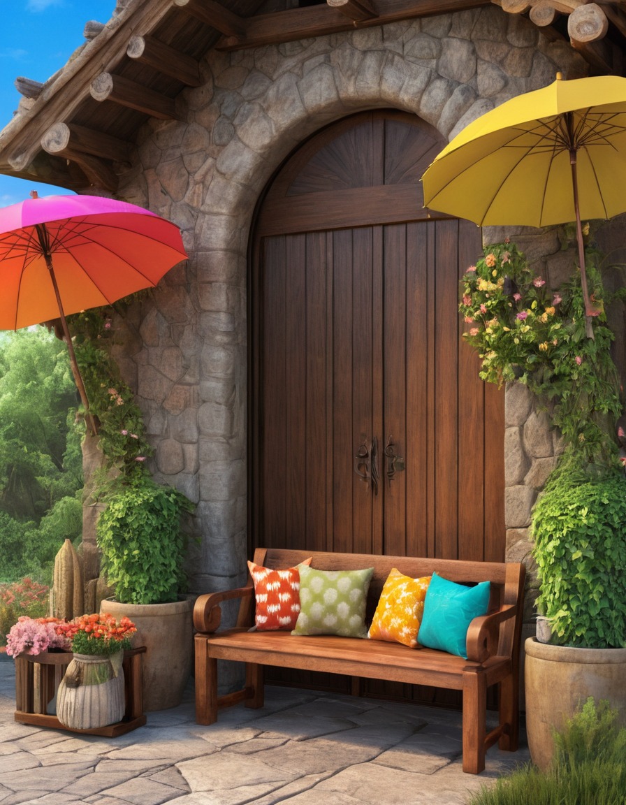 home decor, entryway design, rustic bench, colorful umbrellas, home, interior