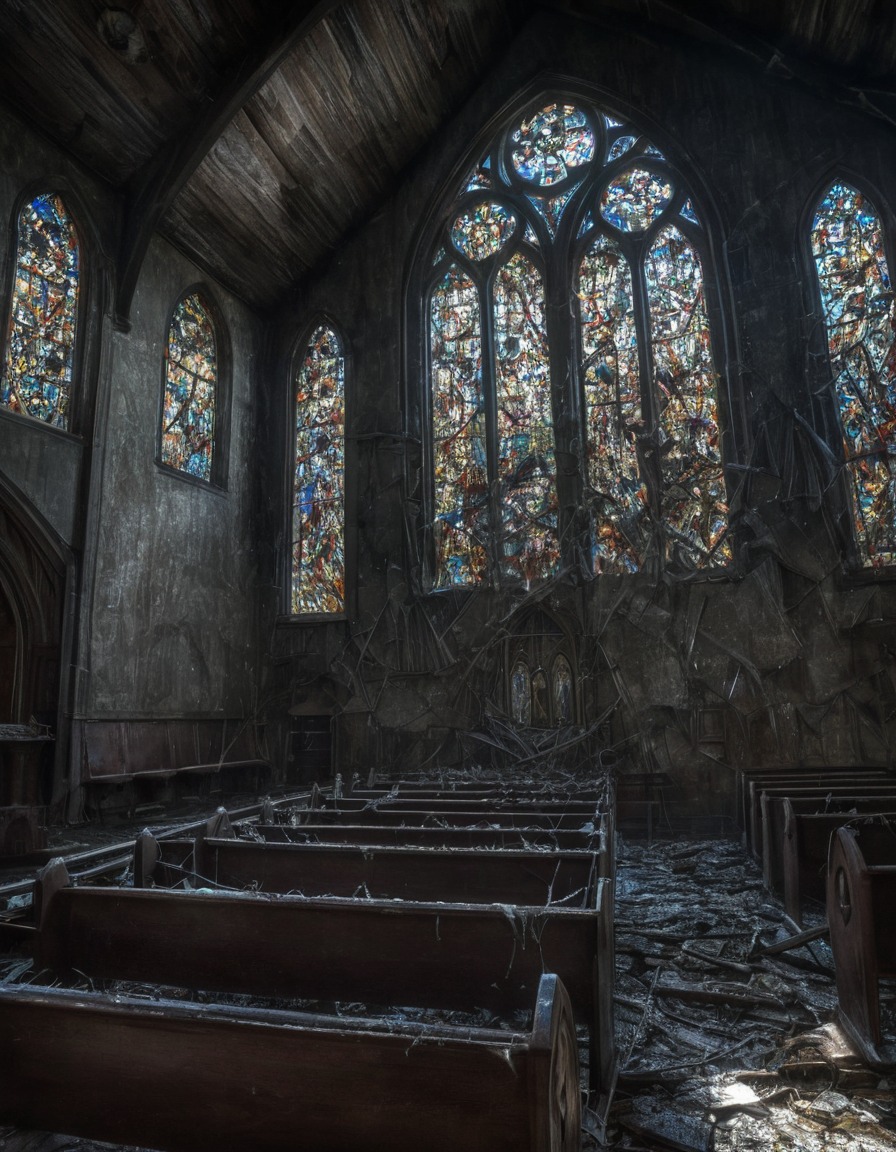 abandoned church, stained glass windows, cobwebs, pews, gothic, underground, dark