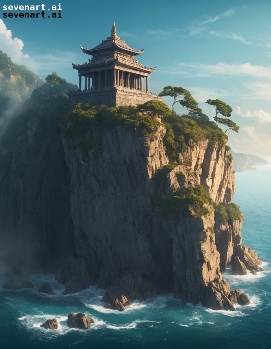 ancient, temple, cliff, sea, landscape