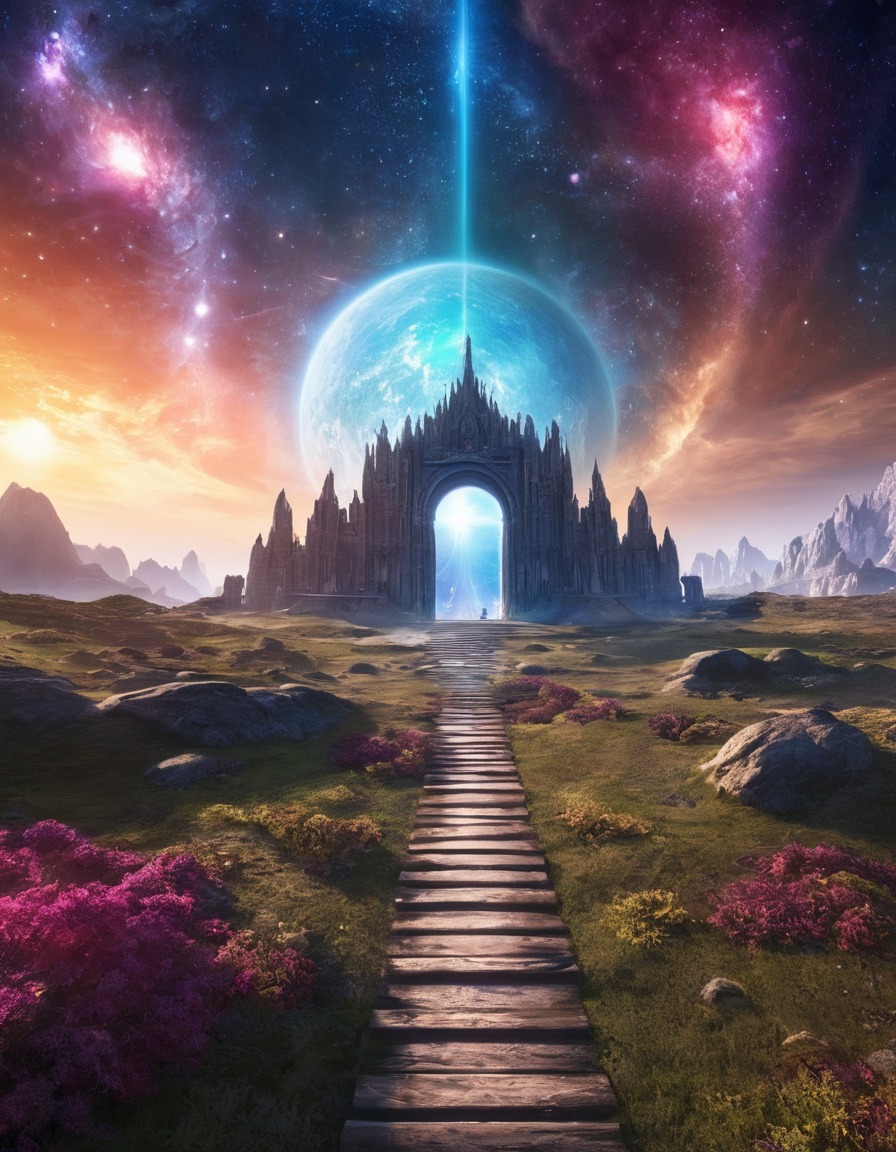 cosmic gateway, ethereal light, uncharted realms, universe, space, stars