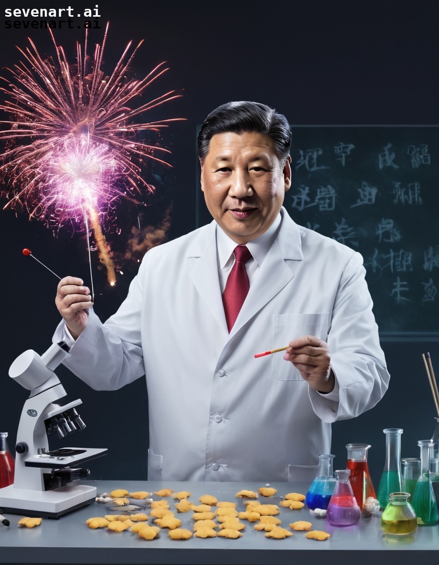 xi jinping, mad scientist, experiments, fireworks, fortune cookies, china