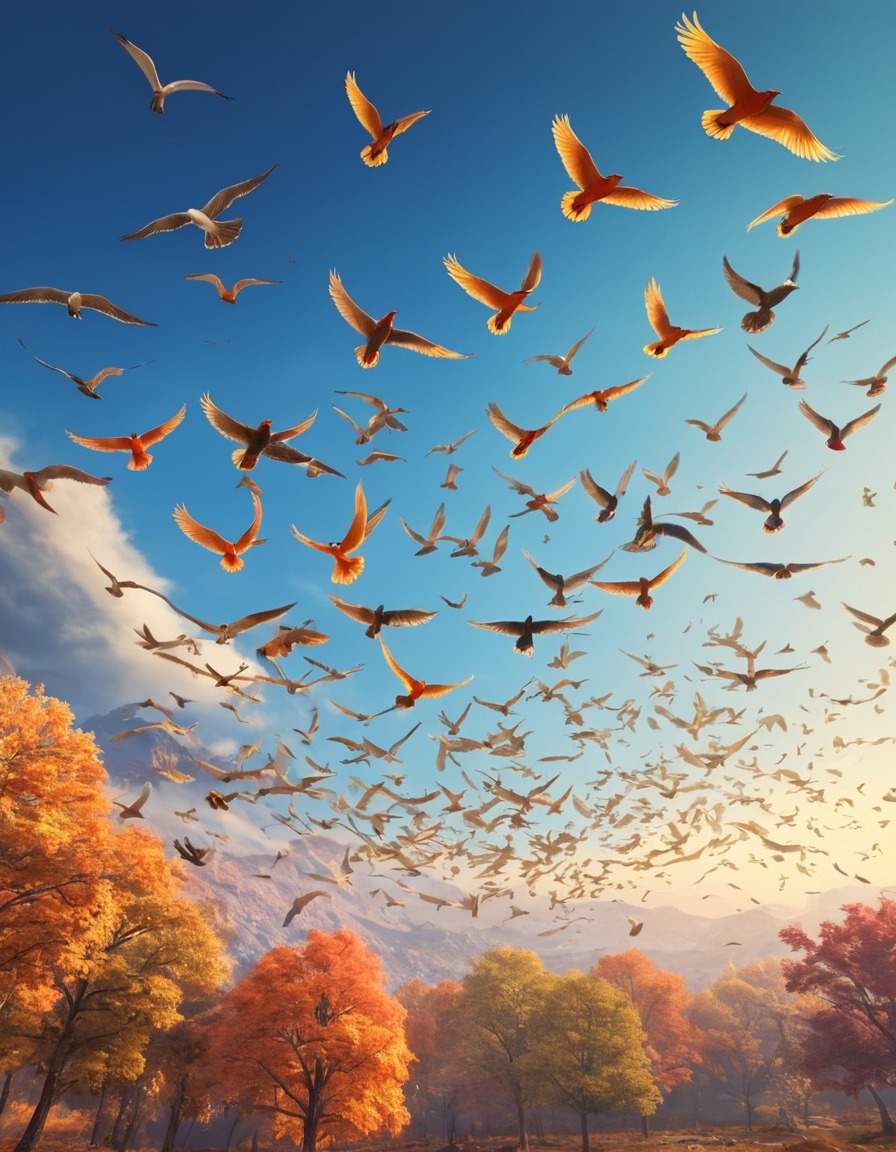 birds, flock, colorful, soaring, sky