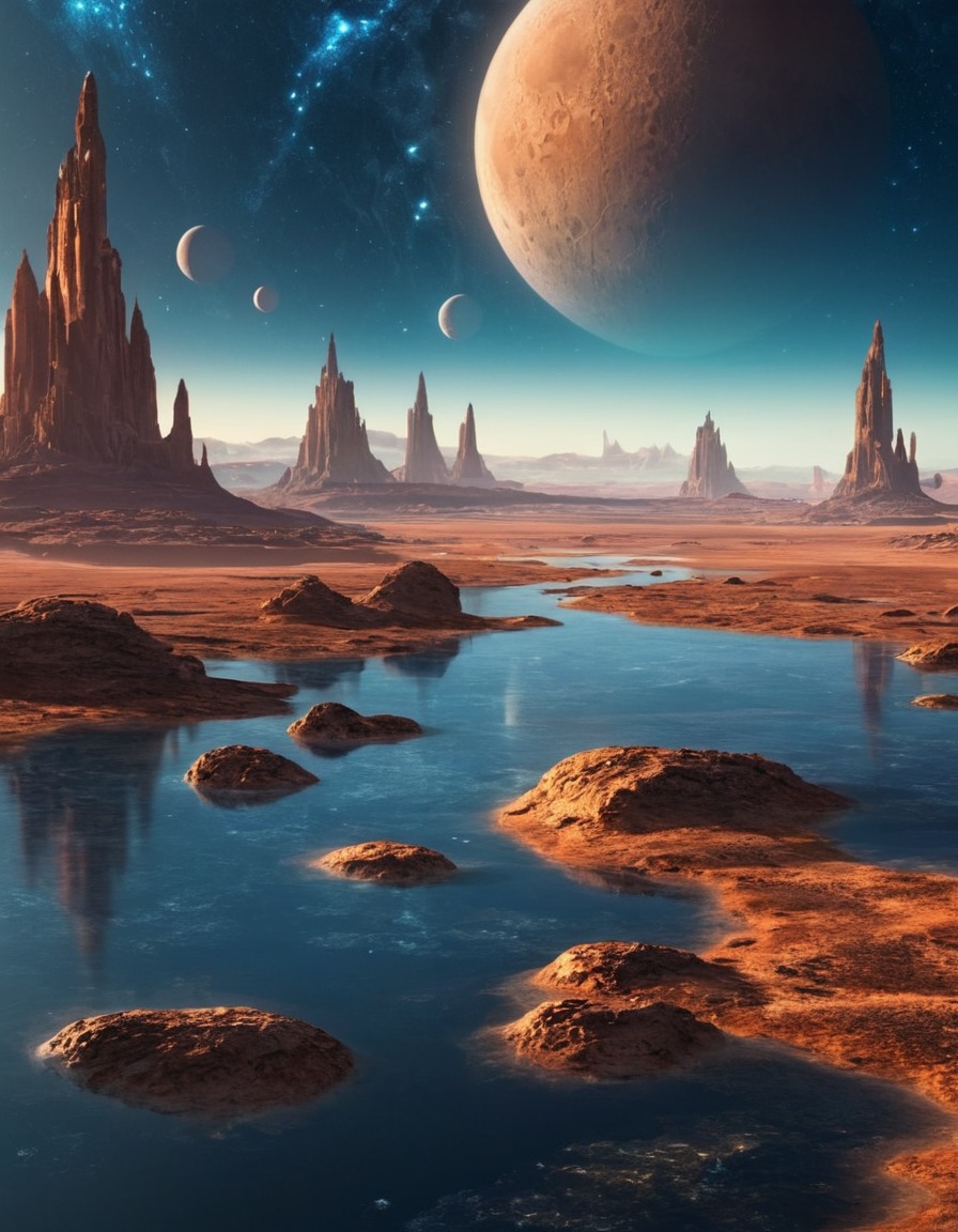 alien, landscape, moons, outer space, sci-fi, celestial bodies, space, stars